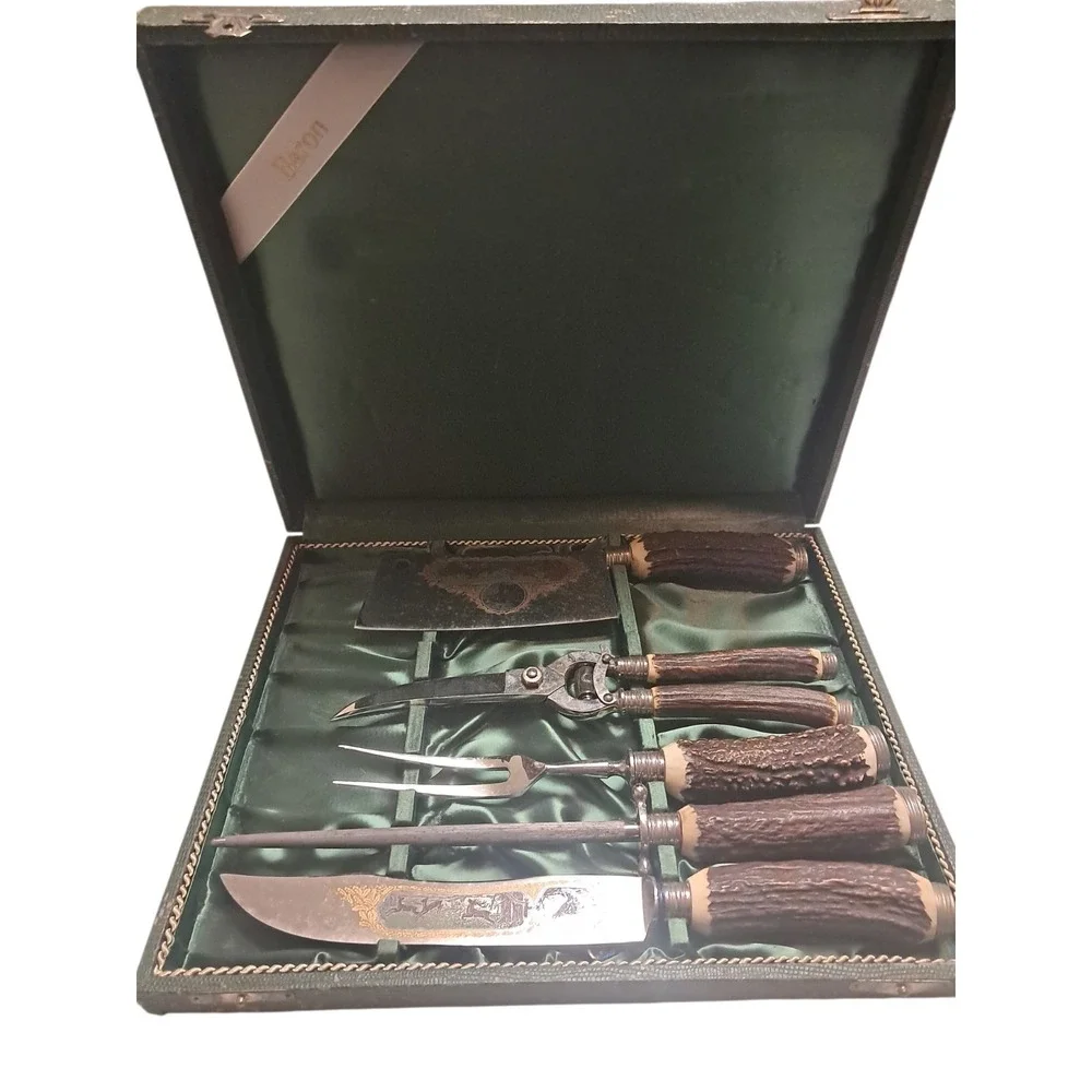 Baron Solingen Germany 5 Pc Carving Set Stag Horn Handles Engraved Blade Box Vtg